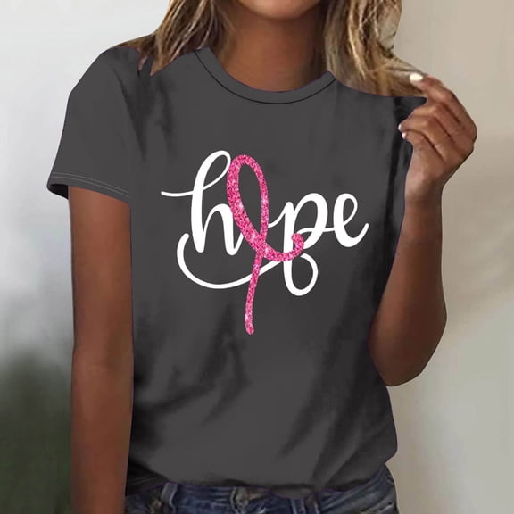 Luxalzxs Breast Cancer T Shirts for Women Short Sleeve Round Neck Pink Ribbon Hope Letter Print Cancer Awareness Tee Tops Cancer Survivor Gifts Casual Inspirational Tops