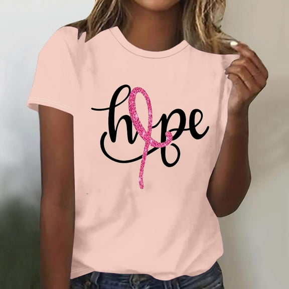 Luxalzxs Breast Cancer T Shirts for Women Short Sleeve Round Neck Pink Ribbon Hope Letter Print Cancer Awareness Tee Tops Cancer Survivor Gifts Casual Inspirational Tops