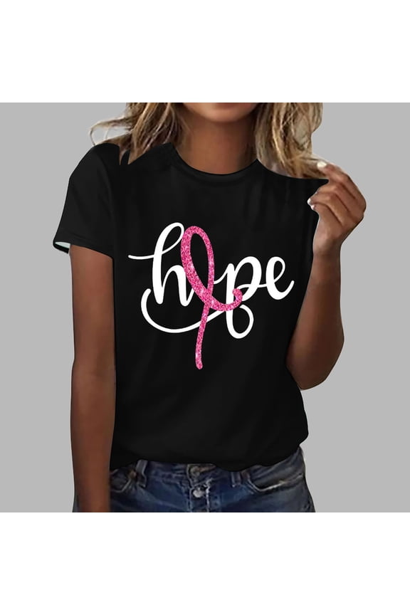 Luxalzxs Breast Cancer T Shirts for Women Short Sleeve Round Neck Pink Ribbon Hope Letter Print Cancer Awareness Tee Tops Cancer Survivor Gifts Casual Inspirational Tops