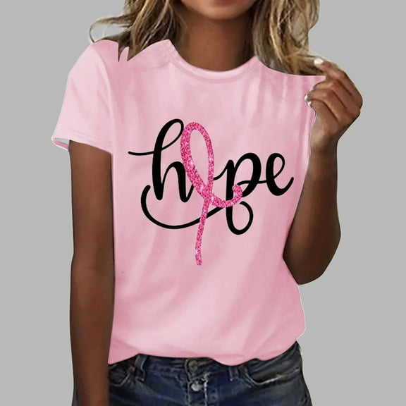 Luxalzxs Breast Cancer T Shirts for Women Short Sleeve Round Neck Pink Ribbon Hope Letter Print Cancer Awareness Tee Tops Cancer Survivor Gifts Casual Inspirational Tops