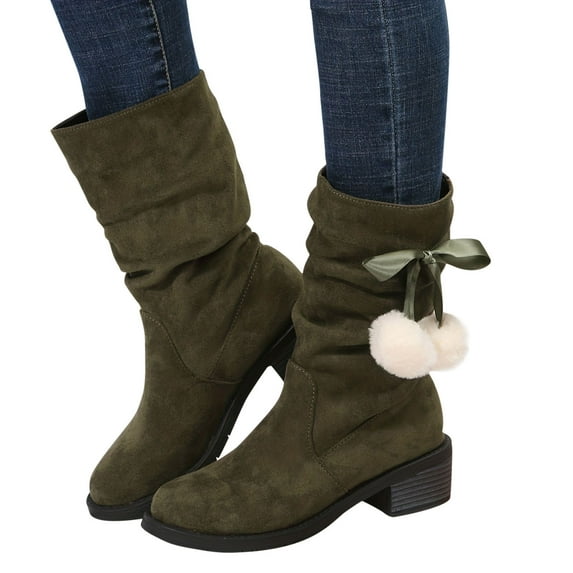 Luxalzxs British Style Suede Round Toe Thick Heel Pile Boots Western Cowboy Boots Plush Knight Slim Boots with Pompom