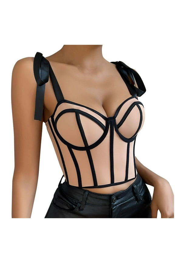 Luxalzxs Bustier Tops for Women Sexy Vintage Spaghetti Strap Lace Up Overbust Corset Crop Top Y2K Going Out Boned Party Cami Tops Tank Tops