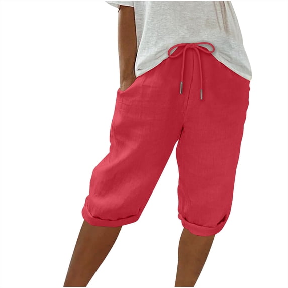 Luxalzxs Capris Shorts for Women Casual Summer Clearance Cotton Linen Knee Length Bermuda Shorts Casual Drawstring Elastic Waist Gym Shorts Joggers