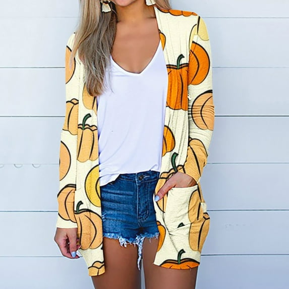 Luxalzxs Cardigans for Women Trendy Halloween Print Tunic Fall Cardigans Casual Lightweight Long Sleeve Front Open Cardigans Duster with Pockets