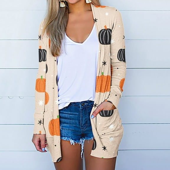 Luxalzxs Cardigans for Women Trendy Halloween Print Tunic Fall Cardigans Casual Lightweight Long Sleeve Front Open Cardigans Duster with Pockets