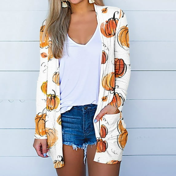 Luxalzxs Cardigans for Women Trendy Halloween Print Tunic Fall Cardigans Casual Lightweight Long Sleeve Front Open Cardigans Duster with Pockets