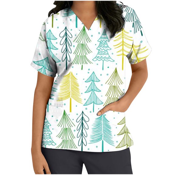 Luxalzxs Christmas Costumes for Women Xmas Printed Scrub Tops Short Sleeve V Neck Workwear T-Shirts Working Uniform with Pockets