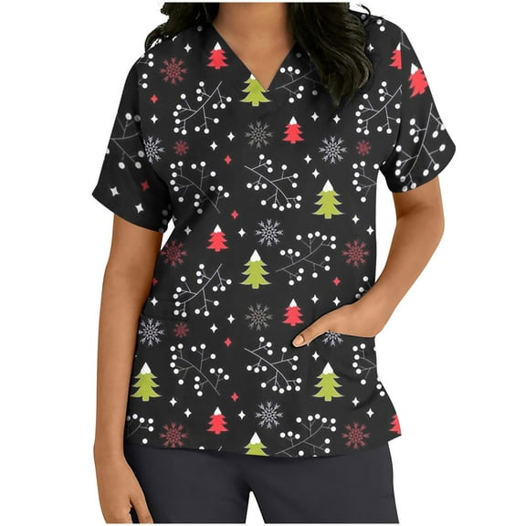 Luxalzxs Christmas Costumes for Women Xmas Printed Scrub Tops Short Sleeve V Neck Workwear T-Shirts Working Uniform with Pockets