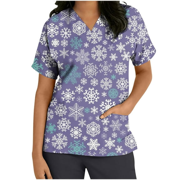 Luxalzxs Christmas Costumes for Women Xmas Printed Scrub Tops Short Sleeve V Neck Workwear T-Shirts Working Uniform with Pockets
