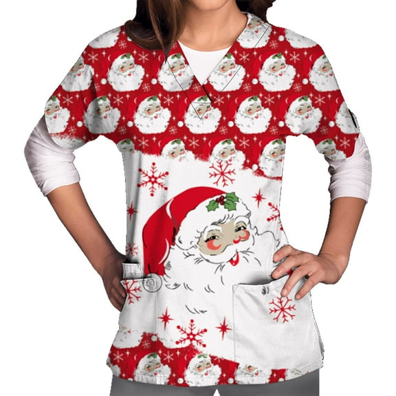 Luxalzxs Christmas Printed Scrub Shirt Nurse Uniforms for Women, Short Sleeved V-Neck Protective Work Clothes Tops Holiday Scrub Tops