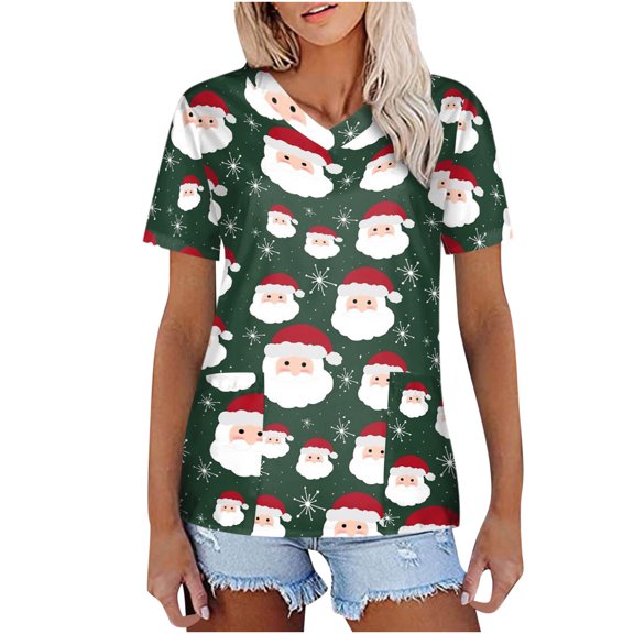 Luxalzxs Christmas Scrub Tops for Women Cute Santa Snowflakes Pattern Nursing Working Uniform V-Neck Tee Shirts Work Scrubs with Pockets