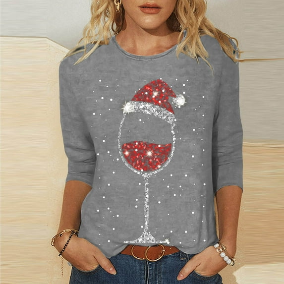 Luxalzxs Christmas Shirts for Women 3/4 Length Sleeve Glitter Red Wine Glass Graphic Print Funny Crewneck Pullover Blouse Tops