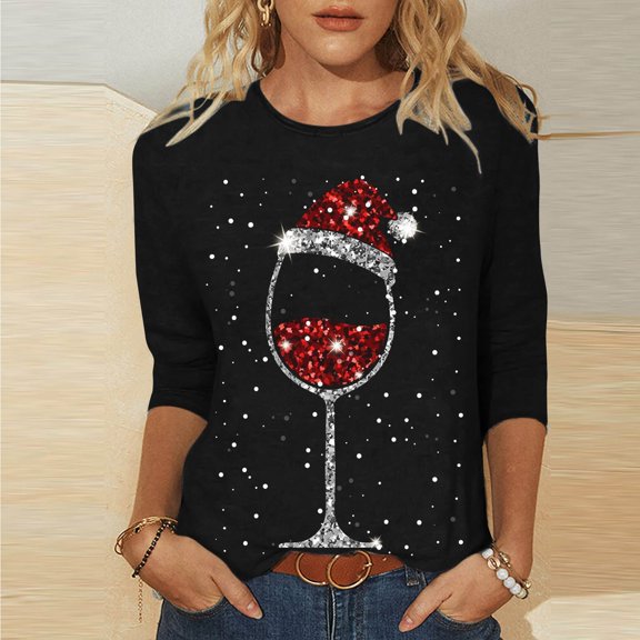 Luxalzxs Christmas Shirts for Women 3/4 Length Sleeve Glitter Red Wine Glass Graphic Print Funny Crewneck Pullover Blouse Tops