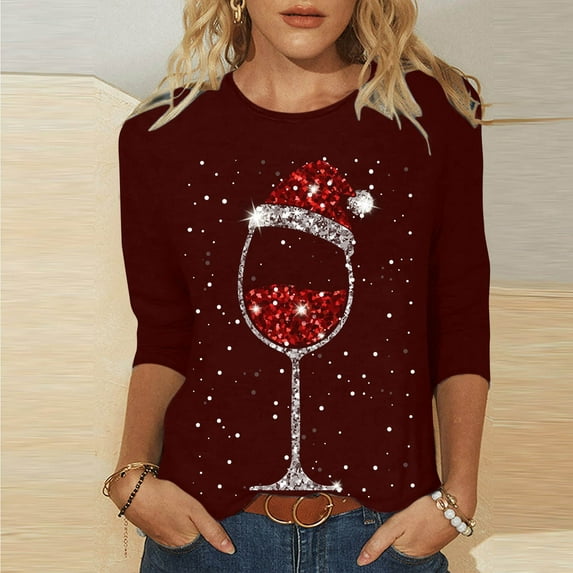 Luxalzxs Christmas Shirts for Women 3/4 Length Sleeve Glitter Red Wine Glass Graphic Print Funny Crewneck Pullover Blouse Tops