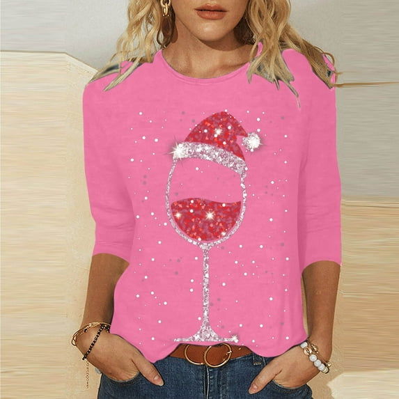 Luxalzxs Christmas Shirts for Women 3/4 Length Sleeve Glitter Red Wine Glass Graphic Print Funny Crewneck Pullover Blouse Tops