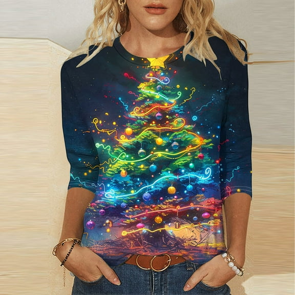 Luxalzxs Christmas Shirts for Women 3/4 Length Sleeve Womens Tops Casual Plus Size Xmas Print Shirt Holiday Christmas Tops