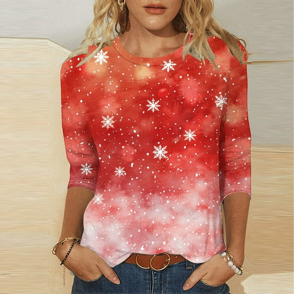 Luxalzxs Christmas Shirts for Women 3/4 Length Sleeve Womens Tops Casual Plus Size Xmas Print Shirt Holiday Christmas Tops
