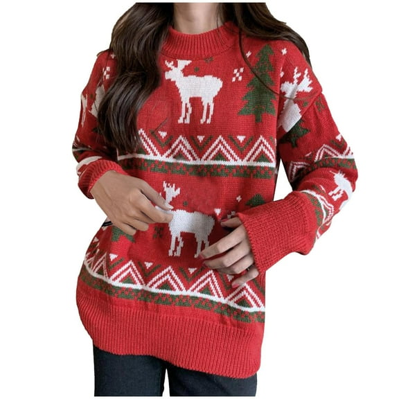 Luxalzxs Christmas Sweaters for Women Casual Fashion Pullover Long Sleeve Round Neck Reindeer Christmas Tree Knitted Sweater Tops Fall Winter Sweaters