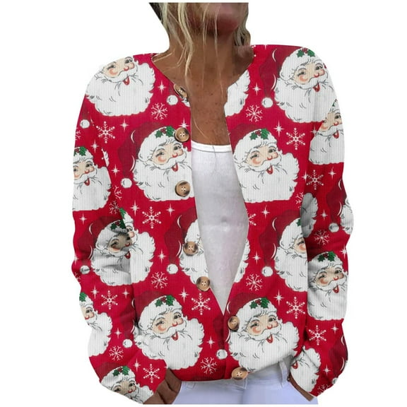 Luxalzxs Christmas Sweaters for Women Xmas Tree Snowman Santa Fun Patterns Cute Cardigans Winter Button Down Knit Sweaters Outerwear