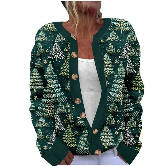 Luxalzxs Christmas Sweaters for Women Xmas Tree Snowman Santa Fun Patterns Cute Cardigans Winter Button Down Knit Sweaters Outerwear