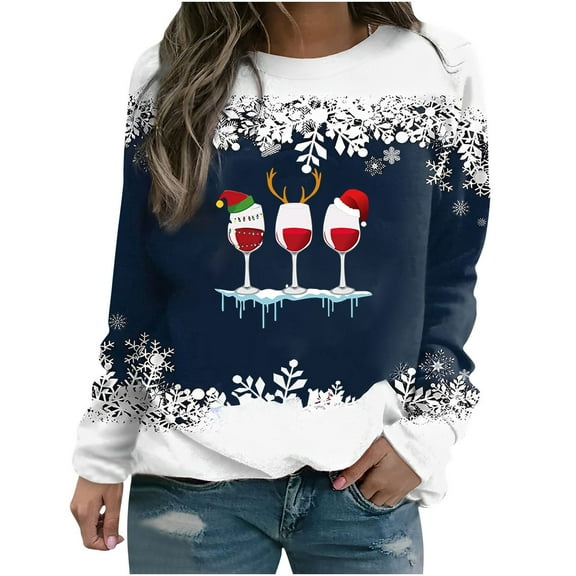 Luxalzxs Christmas Sweatshirts for Women Red Wine Glass Graphic Ugly Sweaters Tops Casual Long Sleeve Crewneck Pullover Sweatshirt