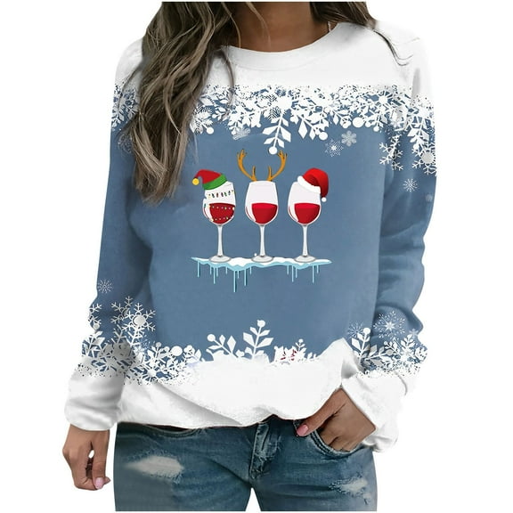 Luxalzxs Christmas Sweatshirts for Women Red Wine Glass Graphic Ugly Sweaters Tops Casual Long Sleeve Crewneck Pullover Sweatshirt