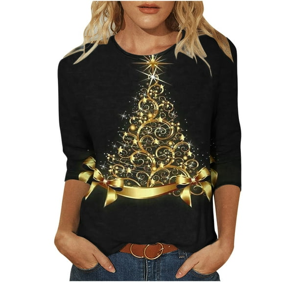 Luxalzxs Christmas T Shirts for Women 3/4 Sleeve Round Neck Trendy Sparkly Xmas Tree Pullover Tops Holiday Party Costumes Cute Tees
