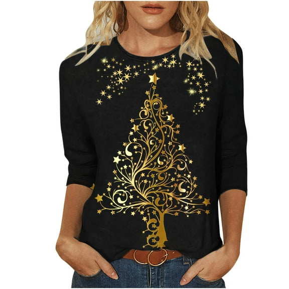 Luxalzxs Christmas T Shirts for Women 3/4 Sleeve Round Neck Trendy Sparkly Xmas Tree Pullover Tops Holiday Party Costumes Cute Tees