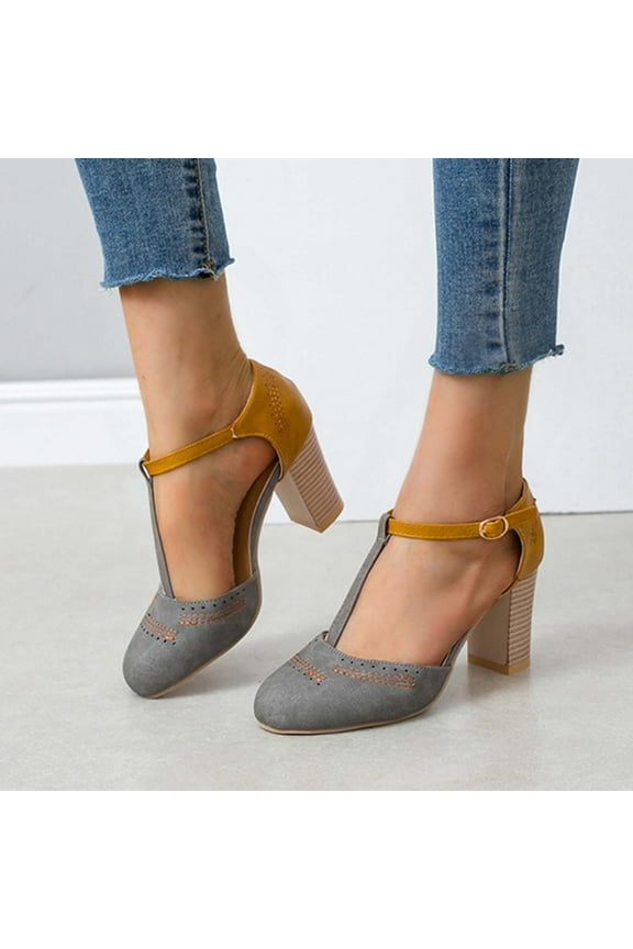 Luxalzxs Chunky Heel Sandals for Women Summer Casual Fashion T Strap Cap Toe Hollow Buckle High Heel Buckle Ankle Shoes Trendy Color Block Office Sandals Vintage Dress Shoes