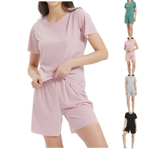 Luxalzxs Comfy Pajamas for Women Set Lightweight Plus Size Lounge Set Soft Short Sleeve Crew Neck Tops and Shorts Set 2 Piece Pj Set Sleepwear
