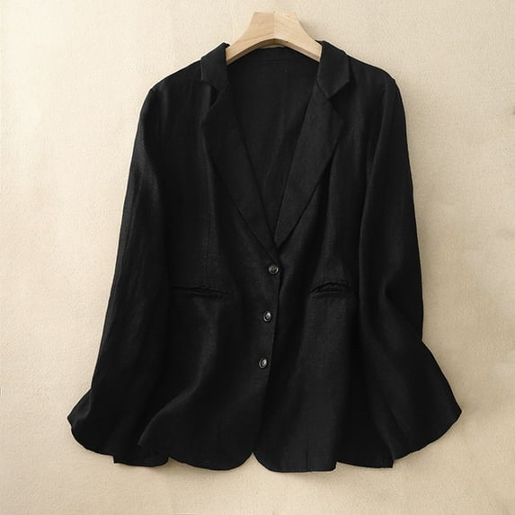 Luxalzxs Cotton Linen Blazer Womens Long Sleeve Loose Casual Blazer Jackets Notch Lapel Single Breasted Suit Coat Jackets Retro Boyfriend Comfy Work Blazer