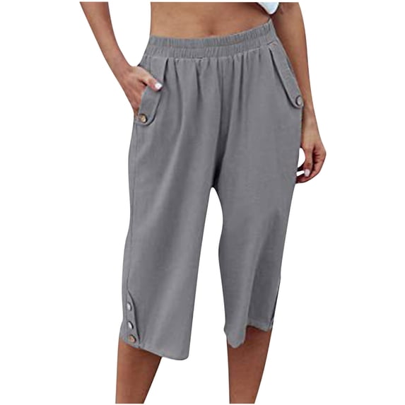Luxalzxs Cotton Linen Capri Pants for Women Casual Summer Elastic High Waist Loose Fit Pants Cropped Wide Leg Lounge Pants with Pockets