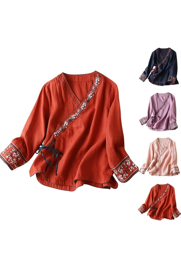 Luxalzxs Cotton Linen Long Sleeve Tops for Women Vintage Mexican Embroidery Boho Ethnic Peasant T-Shirts Casual Trendy Loose V Neck Side Tie Slit Blouse