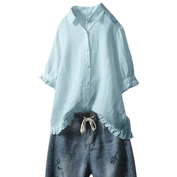 Luxalzxs Cotton Linen Shirts for Women 3/4 Length Sleeve Lapel Collar Ruffled Hem Blouses Tops Solid Color Trendy Dressy Oversized Button Down Shirts Casual Loose Tunic Tops