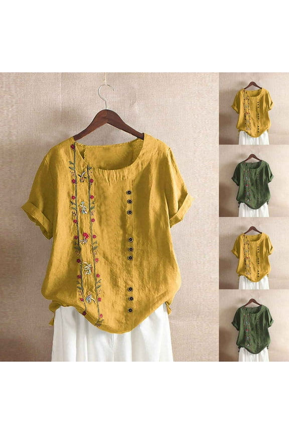 Cotton Linen Tunic Tops for Women Floral Embroidery Button Scoop Neck Rolled Short Sleeve Blouses Tops Classic T-Shirts