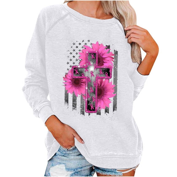 Luxalzxs Crew Neck Sweatshirts Women Breast Cancer Awareness Sweatshirt Pink Ribbon Sunflower Graphic Print Casual Long Sleeve Pullover Tops