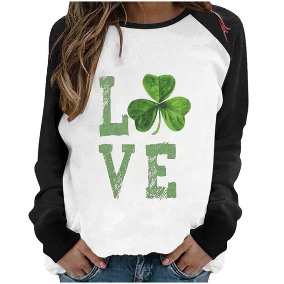 Luxalzxs Crewneck Sweatshirts Women Spring Long Sleeve Round Neck Patchwork St. Patrick's Day Printed Casual Tee Tops
