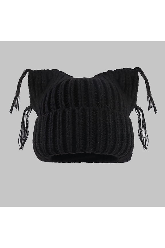 Luxalzxs Crochet Hats for Women Y2K Beanie Knit Cat Ear Tassel Beanies Soft Stylish Beanie Winter Warm Cute Cap