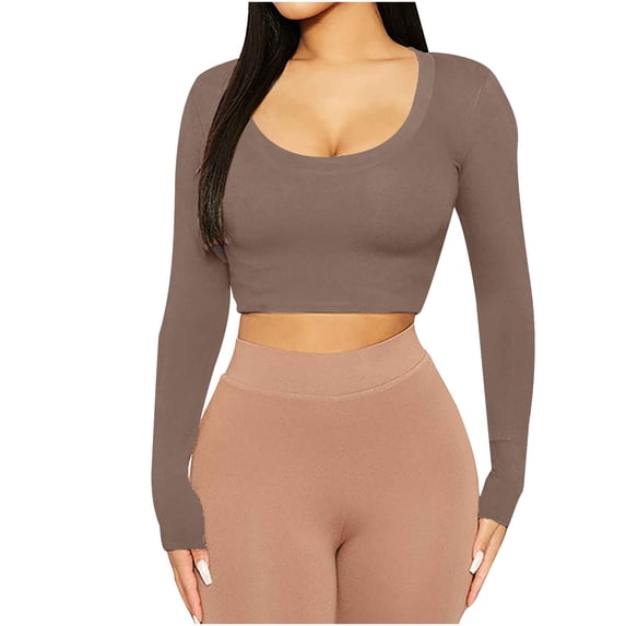 Luxalzxs Crop Tops for Women Crewneck Causal Long Sleeve Slim Fit Underscrub Winter Basic Tee Tops Layer Lightweight Soft Workout Shirt