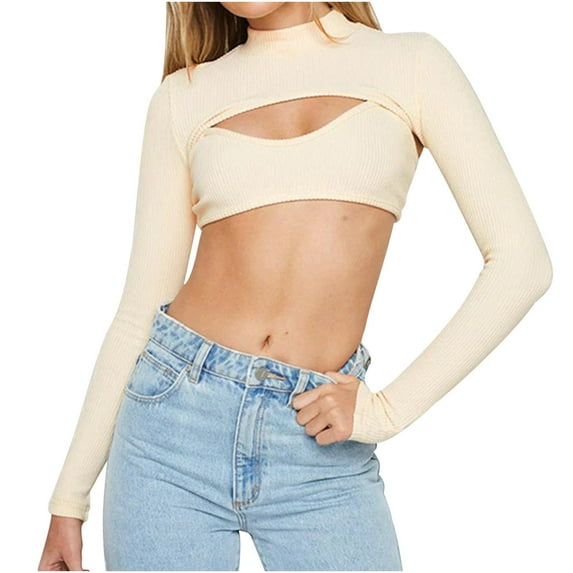Luxalzxs Crop Tops for Women Trendy Long Sleeve Mock Neck Solid Color Knit Hollow Out Blouse Casual Sexy Going Out Streetwear Y2k Tops