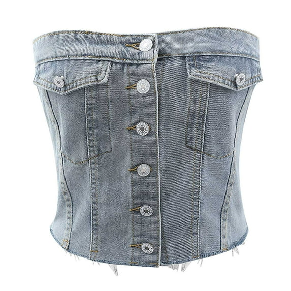 Luxalzxs Denim Corset Top for Women Front Button Y2K Going Out Jean Tube Top Vest Chic Backless Off Shoulder Strapless Crop Tops