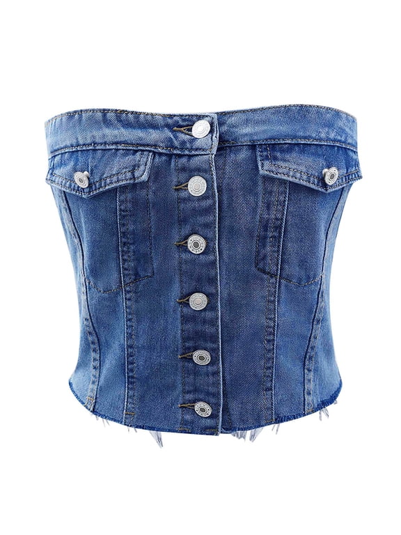 Luxalzxs Denim Corset Top for Women Front Button Y2K Going Out Jean Tube Top Vest Chic Backless Off Shoulder Strapless Crop Tops