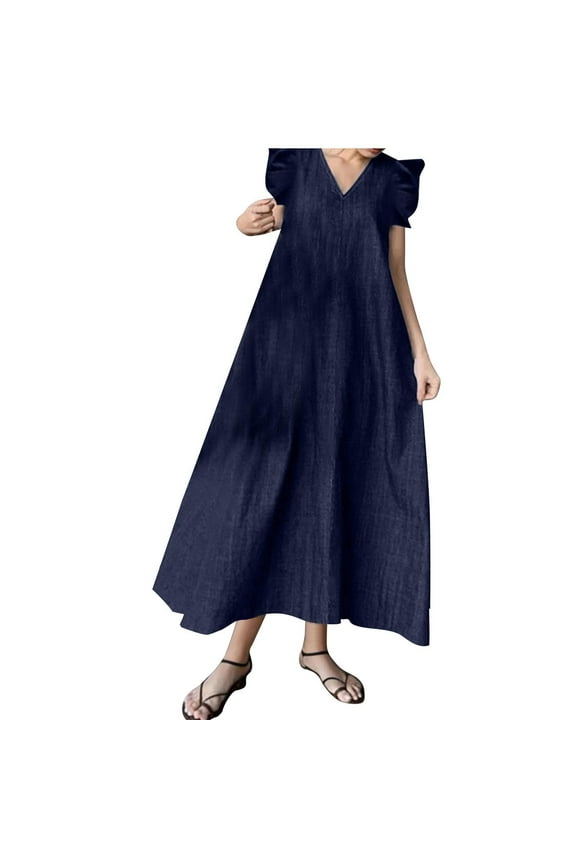 Luxalzxs Denim Dress for Women Plus Size Summer Casual V Neck Ruffle Short Sleeve Jean Dress Loose Flowy Swing Dress Long Dress
