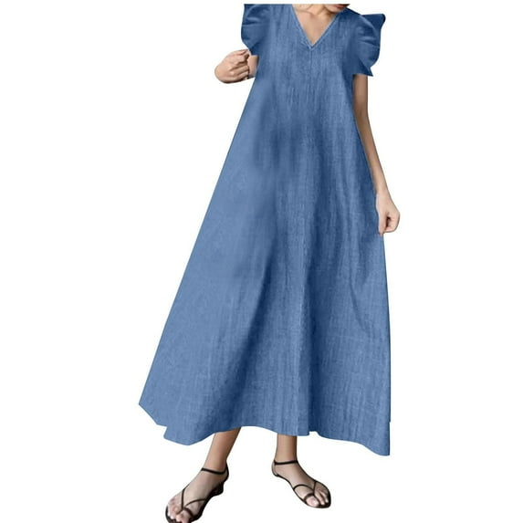 Luxalzxs Denim Dress for Women Plus Size Summer Casual V Neck Ruffle Short Sleeve Jean Dress Loose Flowy Swing Dress Long Dress