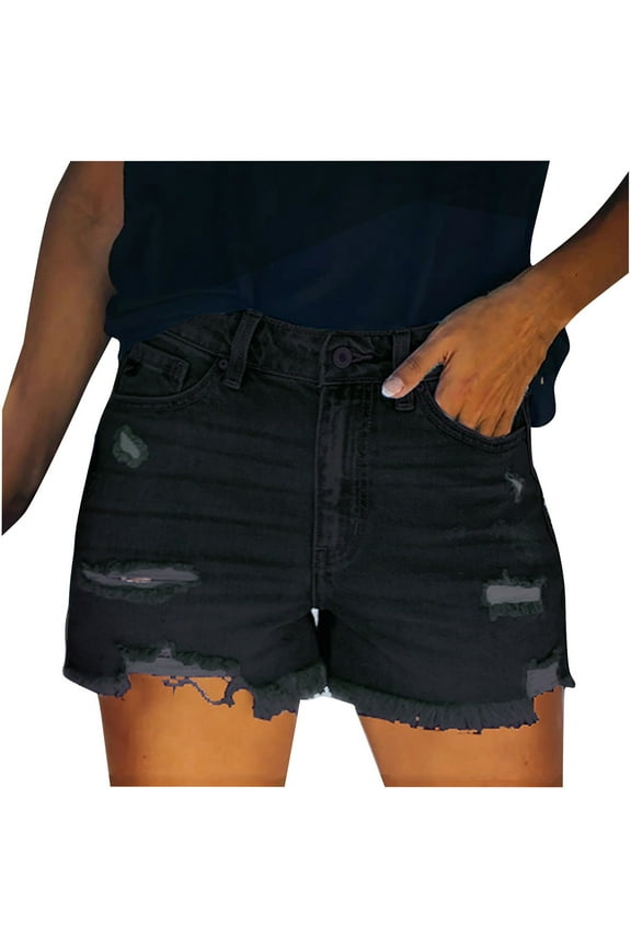 Luxalzxs Denim Shorts for Women Mid Waisted Folded Hem Ripped Jean Shorts Summer Casual Ripped Jean Shorts