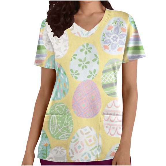 Luxalzxs Easter Day Women Scrubs_Tops Workwear V-Neck Short Sleeve Bunny Eggs Print Nursing Uniform Scrubs_Shirts with Pockets