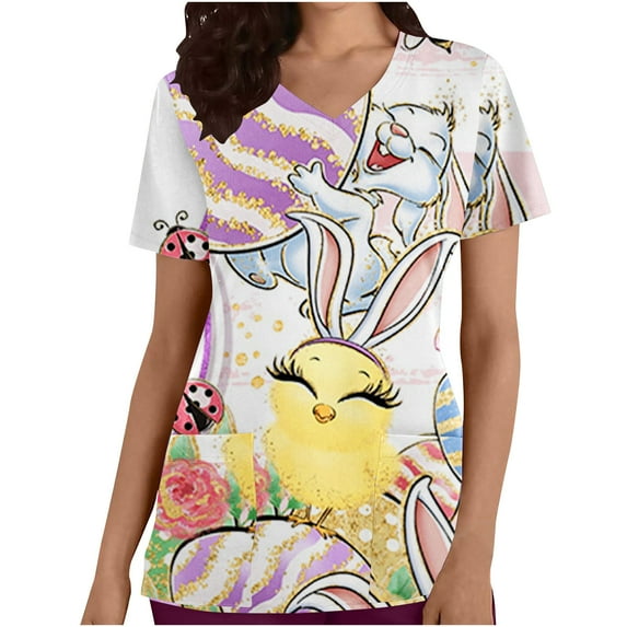 Luxalzxs Easter Scrub Tops Women Short Sleeve Nursing Uniform with Pockets Stretchy Bunny Eggs Print V-Neck Holiday Workwear Medical Scrub Shirts