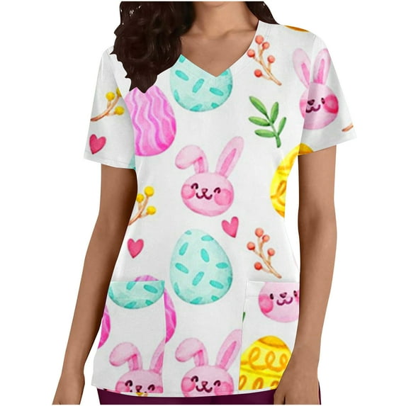 Luxalzxs Easter Scrub Tops Women Short Sleeve Nursing Uniform with Pockets Stretchy Bunny Eggs Print V-Neck Holiday Workwear Medical Scrub Shirts