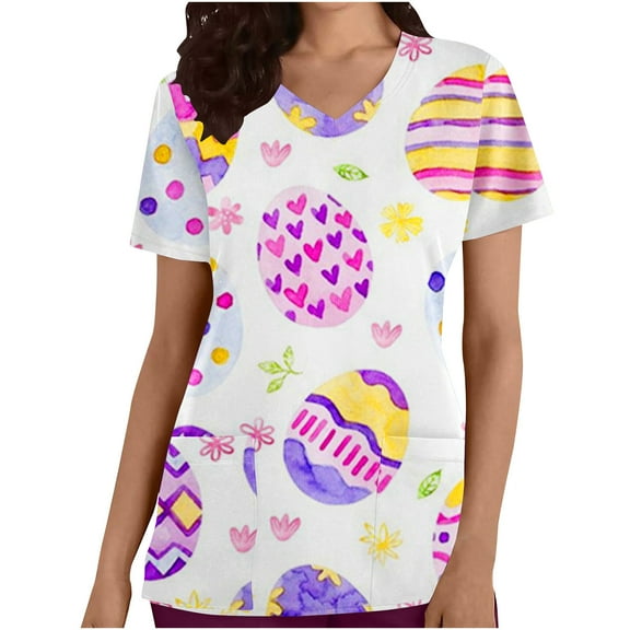 Luxalzxs Easter Scrub Tops Women Short Sleeve Nursing Uniform with Pockets Stretchy Bunny Eggs Print V-Neck Holiday Workwear Medical Scrub Shirts