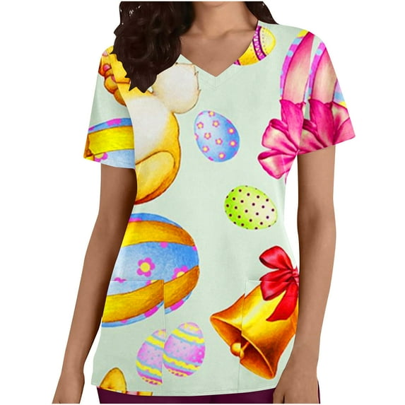 Luxalzxs Easter Scrub Tops Women Short Sleeve Nursing Uniform with Pockets Stretchy Bunny Eggs Print V-Neck Holiday Workwear Medical Scrub Shirts